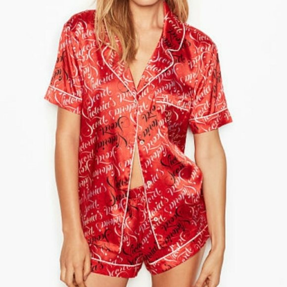 Red Victoria's Secret Script Satin Boxer PJ SET S